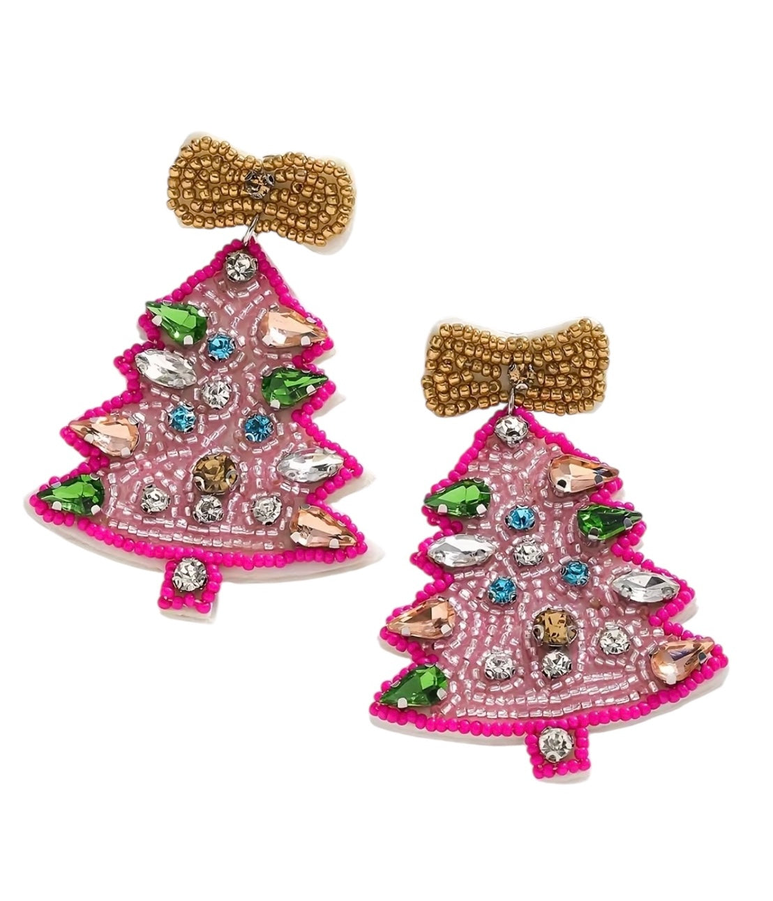 Pink Beaded Christmas Tree Earrings
