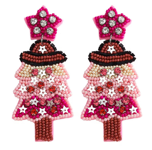 Pink Cowboy Christmas Tree Earrings