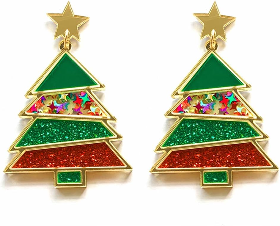 Green, Red, and Gold Christmas Tree Earrings