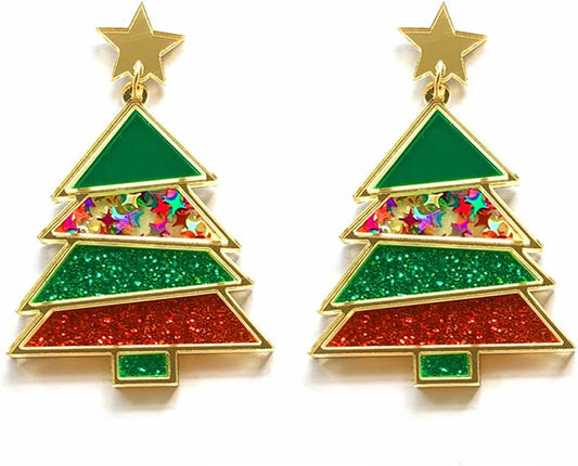 Green, Red, and Gold Christmas Tree Earrings
