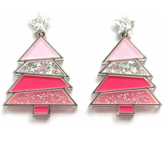 Pink Christmas Tree Earrings